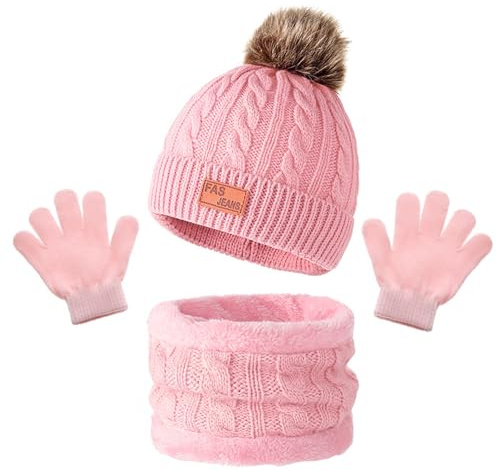 DKDDSSS 3 in 1 Kinder Wintermütze Schal Handschuhe Set - Warme Winter Beanie Hut Handschuhe Schal Set - Mädchen Winterhaube - Kindermütze Strickmütze Kinder Mütze Schal Set für 1-6 Jahre