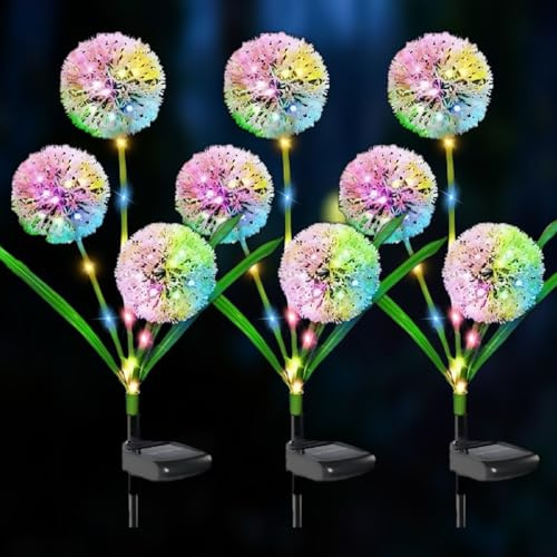 SHAREMI Solar Garden Lights Outdoor, 3 Pack Waterproof Dandelion Flowers Lamps with Colourful LED Lights, Solar Garden Ornaments for Yard, Pathway, Lawn, Landscape Decoration Gardening Gifts