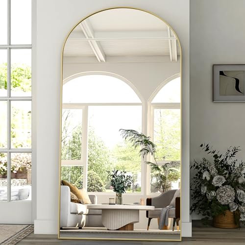 BEAUTYPEAK Grand Miroir Pleine Longueur Arqué 218 x 102 cm, sur Pied Bombé Suspendu ou Appuyé Contre le Mur, avec Support pour Chambre à Coucher, Salon ou Dressing, Doré