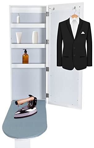 Wall Mount Ironing Board Cabinet with Mirror, Built in Ironing Board & Folding Support Leg, Ironing Cabinet Storage Shelves Foldable Ironing Board for Home Apartment Small Spaces