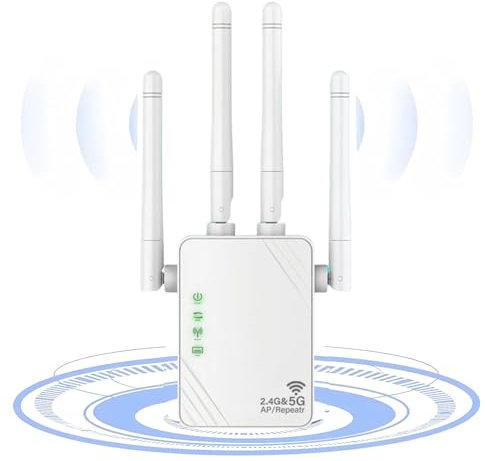 Repetidor WiFi Potente, Doble Frecuencia de 1200Mbps 5Ghz / 2.4Ghz, 4 Antenas, Amplificador de Señal Inalámbrica con Puerto ethernet, Extensor Wi-Fi Compatible con Todas Las Cajas de Internet