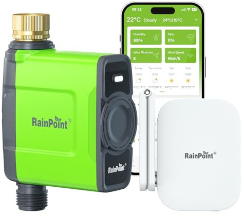 RAINPOINT Timer Irrigazione WiFi Centralina Irrigazione con Gateway dell'antenna RF 150m, Intelligente Programmatore Irrigazione per Giardino con APP/Vocale Controllo, Ingresso in Ottone, 6 Plans