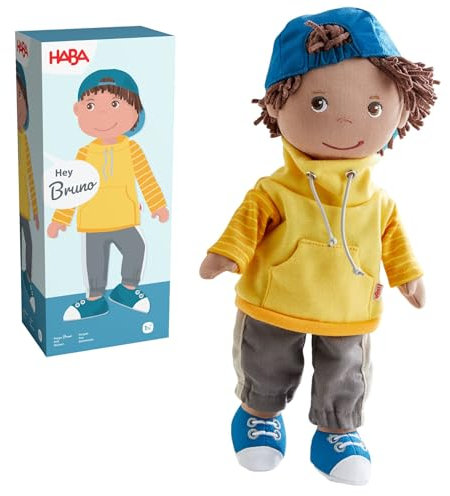HABA Puppe Bruno – Coole 30cm Stoffpuppe für Kleinkinder – Kinderleicht an- und ausziehbar, pflegeleicht & waschbar – Ab 18 Monaten – 2011832001