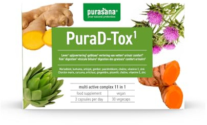 Purasana® PuraD-Tox – Leber Kur 11-in-1 Mariendistel Artischocke Löwenzahn, Kurkuma & Cholin – Hochdosiert – Unterstützt Leberfunktion, Galle & Verdauung – 30 Vcaps