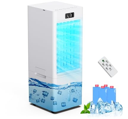 Climatiseur Mobile 4 en 1, Refroidisseur d'air, Humidificateur, loniseur, Réservoir 6L, avec 1-12H Minuterie, 3 Vitesses 4 Modes, 4 Pack Glacons,Télécommande, pour Maison Bureau Chambre