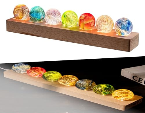 Veilleuse boule de cristal 3D, fantastique veilleuse en forme d'étoile, mini boules de guérison en verre coloré avec socle en bois, boule de cristal glacée en 7 couleurs, cadeau pour la maison, le