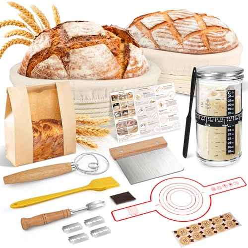 NZQXJXZ Banneton Bread Proofing Basket Set, 9 Round & 10 Oval Sourdough Bread Making Kit with 32oz Sourdough Starter Jar, 100% Natural Rattan, Baking Gifts for Professionals and Home Bakers,18pcs