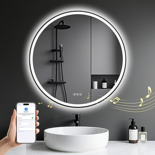 Archaluxe Badspiegel mit Beleuchtung 70cm - LED-Badezimmer-Spiegel Rund mit Bluetooth, Beschlagfrei, Touch-Schalter, Dimmbar,3 Lichtfarben, Speicherfunktion - Badezimmerspiegel Schwarz Metallrahmen