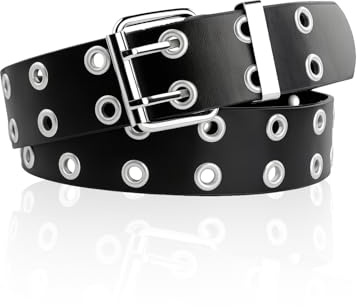 Cintura da donna in pelle PU con doppio occhiello, adatta per circonferenza della vita 80-87 cm, cintura con occhielli in pelle PU borchiata con 2 file di occhielli, cintura punk gotica per jeans e