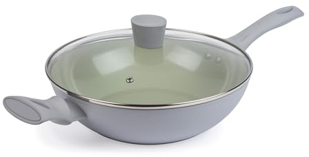 Salter Earth 28cm Wok Pan – Healthy Ceramic Non-Stick Coating, PFAS-Free Induction Cookware, Small Aluminium Stir-Fry, Easy Clean, PFOA/PTFE-Free Cooking, Stay Cool Handle, Green