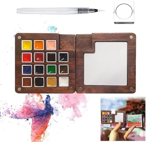 Yamobi Mini Aquarell Malkasten,Travel Set, Walnussholz, kompakt, für Erwachsene （Pigmentfrei）