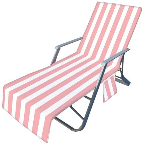 GOBIWM Beach Chair Cover Towel, Stripes Beach Towel Lounger Bags with Pockets, Sunbed Towels Fitted Microfiber Sun Lounger Towels for Summer Outdoor Garden Pool Travel (Pink)