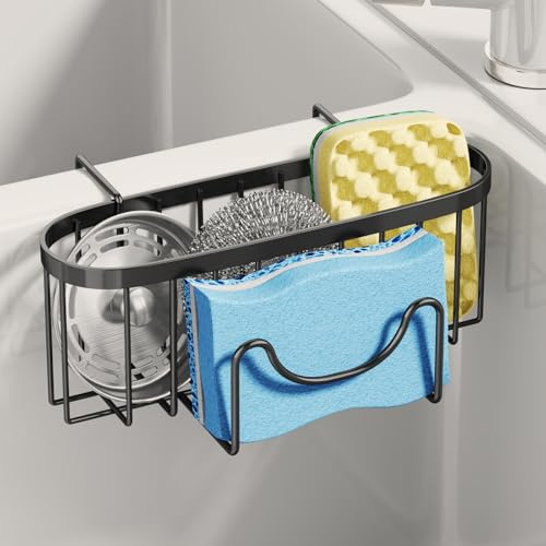 SWTYMIKI Sponge Holder for Kitchen Sink - Movable Kitchen Caddy with M-Shaped Hook, Stainless Steel Hanging Sponge Caddy for Dish Sponge, Brush, Sink Stopper Organiser in Double Bowl Basin