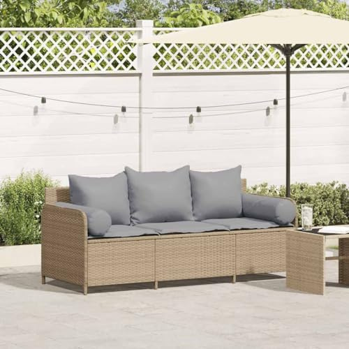 Teenpull Gartensofa mit Kissen, 3-Sitzer Beige Poly Rattan, 170 cm Breite, UV-beständig und wasserfest für Garten Terrasse Balkon, Robustes Loungesofa mit abnehmbaren Bezügen