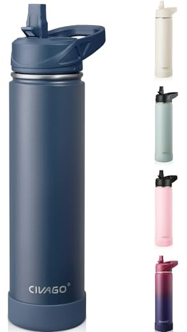 CIVAGO Insulated Stainless Steel Water Bottle with Straw, 750ml Metal Sports Drink Bottle with Handle, Travel Thermal Flask Cup for Gym and Hiking, Navy