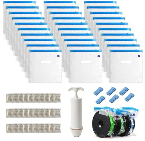 30 Stk Vakuumbeutel Filament Aufbewahrung mit 30 Trockenmittelbeutel & 1 Handpumpe und 6 Dichtungsclips, 34 x 30cm Wiederverwendbare Vakuumbeutel Filament