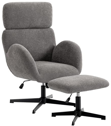 HOMCOM Sessel mit Hocker Drehbarer Loungesessel mit Samtoptik mit Struktur, Verstellbarer Kopfstütze Höhenverstellbarer Polstersessel mit Wippfunktion, Relaxsessel für Wohnzimmer, Grau