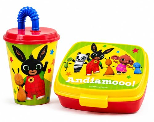 CARTOON Bing Set Merenda Bambini con Portamerenda e Bicchiere con Cannuccia 430 ml Lunch Box 17x14x6 cm per Scuola Asilo Gite e Tempo Libero Contenitore Snack e Bevande Idea Regalo