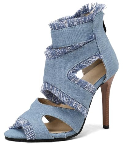 Genérico Botines Punta Abierta Multi Correas Mujer Sandalias Mezclilla Deshilachada Cremallera Trasera Flecos Tacón Stiletto Efecto Madera Fiesta