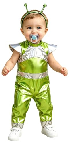 Metallisk Alien Baby Overall Holografisk Rymds Kostym Med Kappärmar Och Glidelås För Halloween Kosplay Fluorescerande grönt 4-5 år