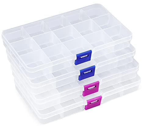 Opret 4 Pcs Bead Storage Box, 15 Grids Plastic Jewellery Organisers Small Clear Containers with Adjustable Dividers Compartment Craft Case, Size 17x9.5x2cm
