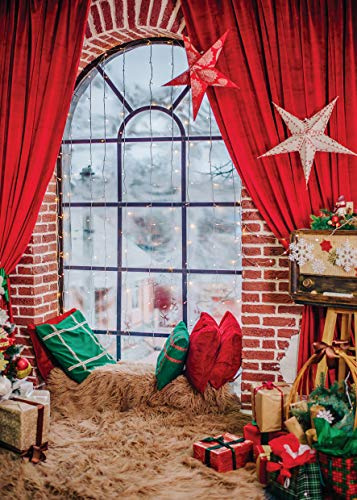 AIIKES 5x7FT Noël Toile De Fond Hiver Oreiller Fenêtre Houx Arbre Cadeau Tapis Rideau Toiles de Fond De Noël Partie Décoration Fond Bébé Adulte Portrait Photographie Arrière-Plans Studio Props 11-685