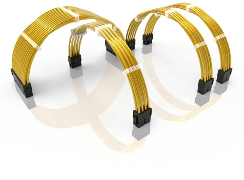 LINKUP - 30cm PSU PC Power Extension Cable Metallic Sleeved Silicone Coated Soft & Flexible to Route Custom Mod GPU & CPU w/Comb Kit | 1x 24P (20+4) | 1x 8P (4+4) CPU | 2x 8P (6+2) GPU | 300mm - Gold