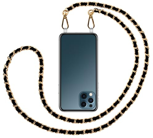 Jalouza Handykette Gold-Schwarz – 1,25 m Panzerkette mit veganem PU-Leder, Handy-Lanyard für Handyhülle, Schlüsselband und Taschenkette (Amber)