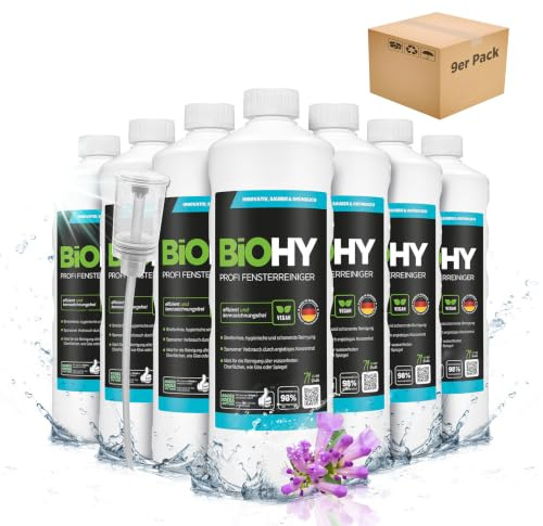 BiOHY Profi Fensterreiniger (9 x 1 Liter) + Dosierer | Glasreiniger Konzentrat | für Fenstersauger geeignet | streifenfreie Reinigung von Glas-, Fenster- & Spiegelflächen | ideal für Haushalt & Auto