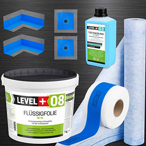Dicht-Set 7Kg Flüssigfolie, 2m Dichtbahn 5m Dichtband,2 Innenecken, 2 Wandmanschetten, 1L Tiefengrund, Dusche, Bad, Küche SET328