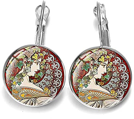 Vintage Alphonse Mucha Beauty Ohrringe Vier Jahreszeiten Frühling Sommer Herbst Winter Glaskuppel Tropfen Ohrringe Jugendstil, Glas