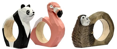 your castle Serviettenringe|Handgeschnitzt|Tierdesign - Faultier, Panda, Flamingo|3er-Set|aus Holz|Handbemalt|Vielseitig einsetzbar|mit Standfestem Boden|9x7x2 cm