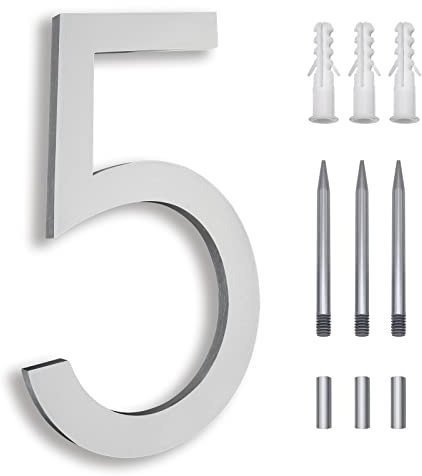 Numeri civici galleggianti da 20,3 cm, numeri di indirizzo per esterni, in metallo argento, numeri civici moderni, numeri civici per montaggio in alluminio argento numero 5