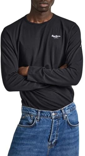 Pepe Jeans London Original Basic 3N Maglietta a Manica Lunga Slim Fit da Uomo, Cotone Stretch con Collo Crew e Logo, Nero