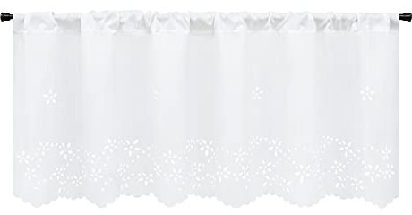 HeichkelL Tunnelzug Scheibengardine mit Lasercut Blumen Küche Vorhang Bistrogardine Kurzstores Halbtransparent Weiß 1 Stück BxH 120x30 cm