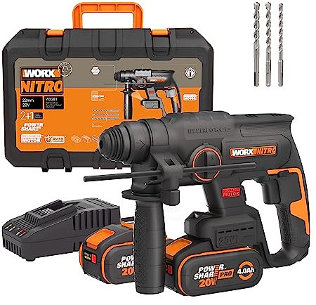WORX Nitro 18V(20V MAX) Cordless Rotary Hammer Drill WX381.2 Brushless Drill, SDS Plus, Max. Impact Energy 2.0 J, 3 Functions, Anti-Vibration, PowerShare, 2 * 4.0Ah Battery, 1 * 2A Charger