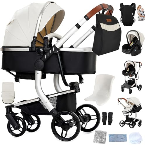 Prokoke PU-Leder Kinderwagen 3 in 1, Kinderwagen Set Einem Klick Faltbar, Kombikinderwagen 3 in 1 Umkehrbarem Zwei-Wege-Schub, Buggy Rahmen Aluminiumlegierung Baby Kleinkind Neugeborene (White 518)