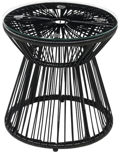 Outsunny Beistelltisch aus PE Rattan mit Glastischplatte 40x40x42cm Schwarz | Runder Couchtisch, Tablett Gartentisch, Hohltrommel-Design, Gartenmöbel Kaffeetisch Sofatisch, für Garten Terrasse Balkon