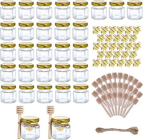 MEETOZ Mini Glass Honey jars-1.5 oz, 30 pcs Hexagon Honey Jars with Wooden Dipper, Gold Lid, Bee Pendant, Rope-20m Mini Honey Jars, Perfect for Wedding, Party Favors, Shower Favors, Canning