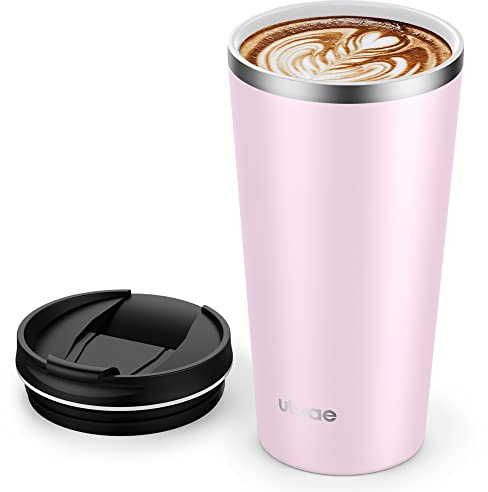 ulwae Insulated Coffee Mug with Ceramic Coating, 18oz Travel Mug with Leak-proof Lid, Vacuum Double-wall Tumbler, Stainless Steel Thermal Cup for Tea, Hot Cocoa, Cold Beverage, Ice Drinks