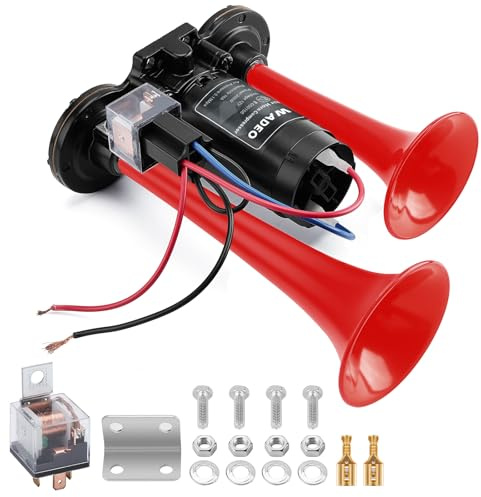 WADEO 12V Hupe für Lkw mit 118 dB, extrem laut mit Kompressor, Druckluft-Hupe, Hupen-Set für alle 12-V-Fahrzeuge, PKW, Lkw, Zug, Schiff, Auto, Lieferwagen (rot)