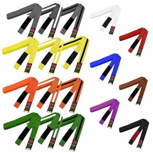 BJJ Martial Arts Colour Belt Child & Adult Size Brazilian Jiu-Jitsu Ranking Coloured Grading Poly Cotton 45mm Wide 9 Rows of Stitching For Durable Strength 10mm Wide Black Round Stripe One End of Belt