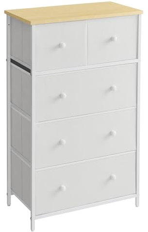 SONGMICS Commode, Meuble de Rangement, avec 5 Tiroirs en Tissu, Style Industriel, pour Salon, Entrée, Couloir, Chambre d'enfant, Blanc et Couleur Boisée LTS514W57