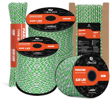 Abma Cord 4mm Paracord 620lb 15M 9 Kärntrådar Nylonrep Typ III för DIY, Camping, Överlevnad, Utomhus - Max. 280kg - Ön