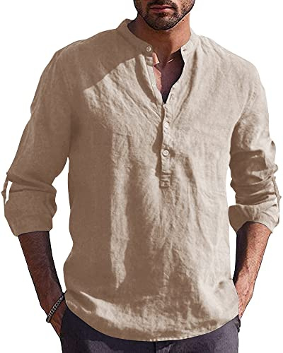 Kvruhuiy Herren Freizeithemd Langarm Baumwoll Leinenhemd Henley Hemd Men's Casual Beach Shirts Strand Hemd