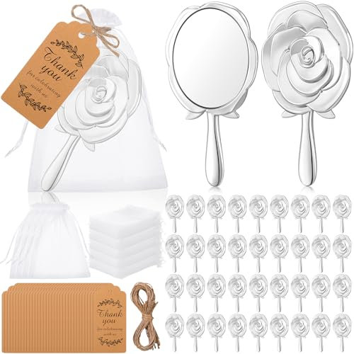 Suzile Quinceanera Handspiegel-Set, Rosenform, Großpackung für Gäste, Partygeschenk, Hochzeit, Party, Gastgeschenke, Vintage-Handspiegel und Dankeschön-Tags mit Organza-Beuteln für Geburtstag, Silber,