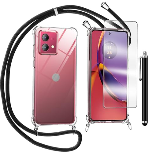 TTSWJBD Funda con Cuerda para Motorola Moto g84 5G y Cristal Templado Protector de Pantalla,Transparente Suave Silicona Carcasa, Ajustable Cordon Collar Colgante Antigolpes Case, Negra