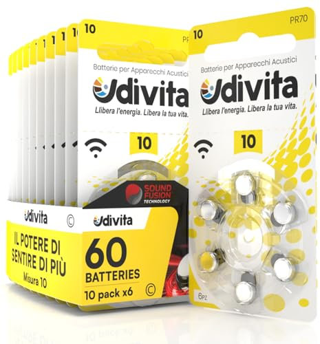 60 Batterie per Apparecchi Acustici Udivita Misura 10 PR70 a Lunga Durata con Tecnologia Phono Pulse - 10 Blister da 6 Pile