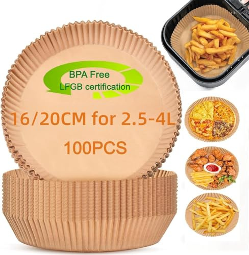 Lyaor 100 Stück 16-20CM Rund Airfryer Backpapier Lebensmittelqualität Heißluftfritteuse Backpapier Wasserdicht Ölfest Antihaft Einmalig Airfryer Baking Paper, für Heißluftfritteuse, Mikrowelle