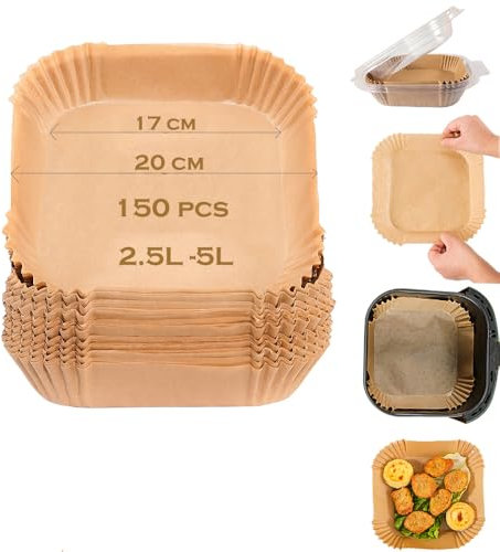 150 PCS Backpapier für Heißluftfritteuse 2-5 L,ölbeständig & wasserfest airfryer backpapier(17-20cm/Square/150pcs)